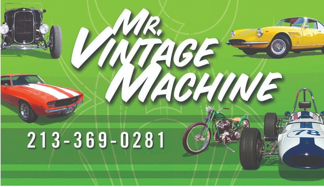 Logo for Mr. Vintage Machine with vintage car and motorcycle graphics.