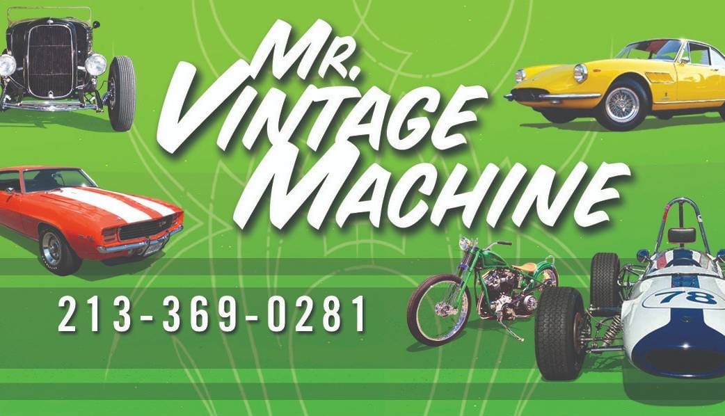 A green banner advertising Mr. Vintage Machine with a phone number and vintage vehicles.