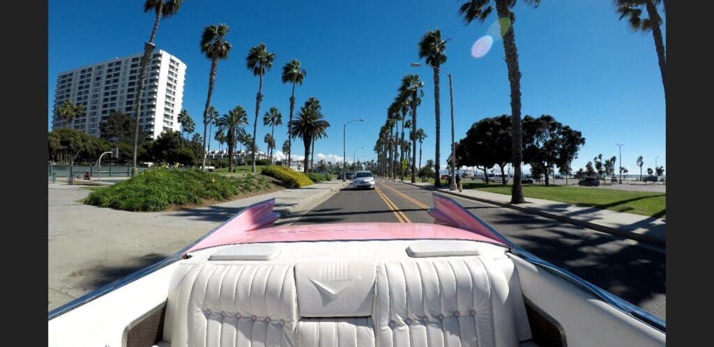 View from a classic convertible driving down a palm-lined road under clear blue skies.
