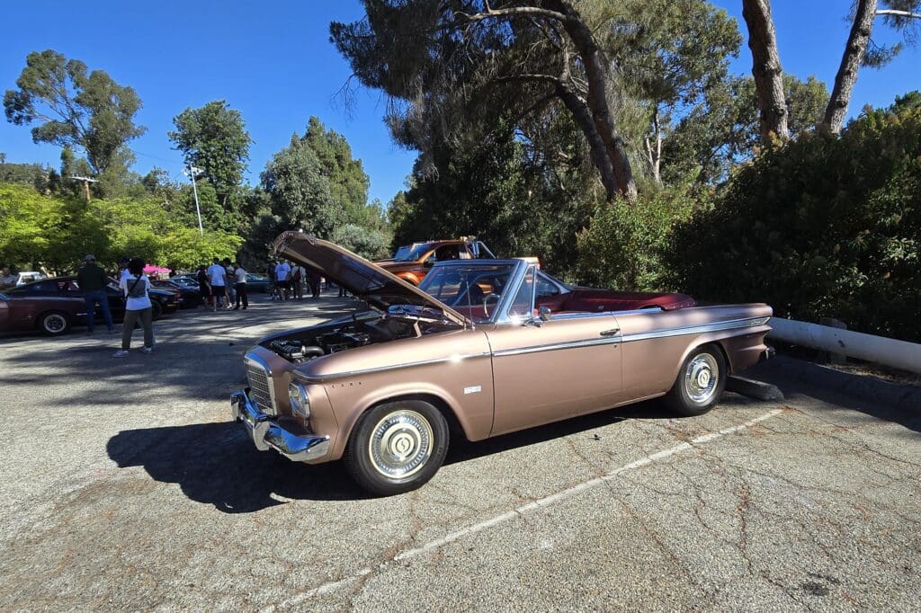 Classic convertible car displayed outdoors on a sunny day.