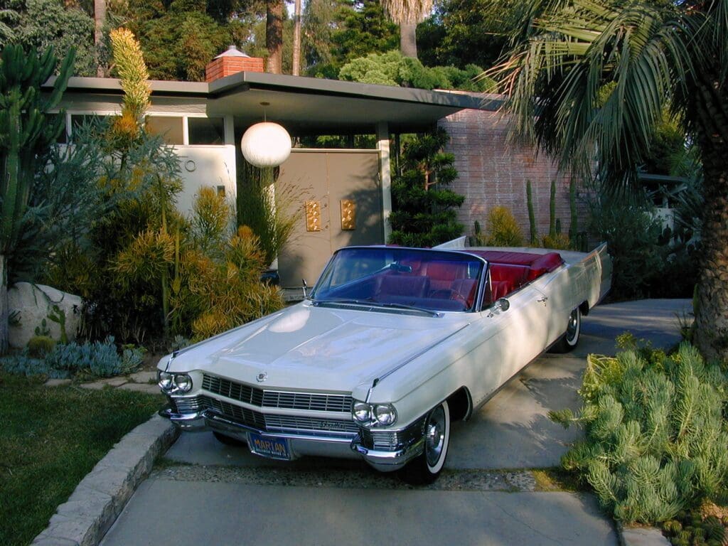 Classic white convertible car parked on a driveway surrounded by greenery.
