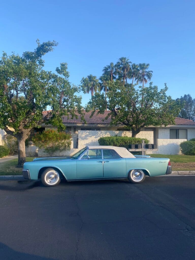 Vintage light blue car parked under trees in a suburban area.