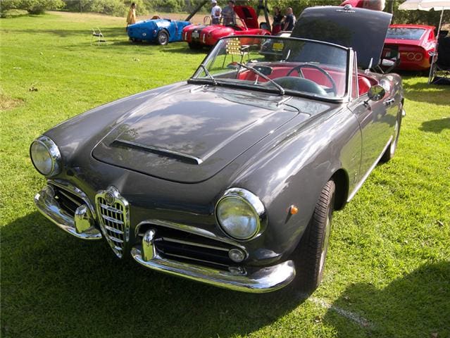 Classic black Alfa Romeo convertible parked on grass.