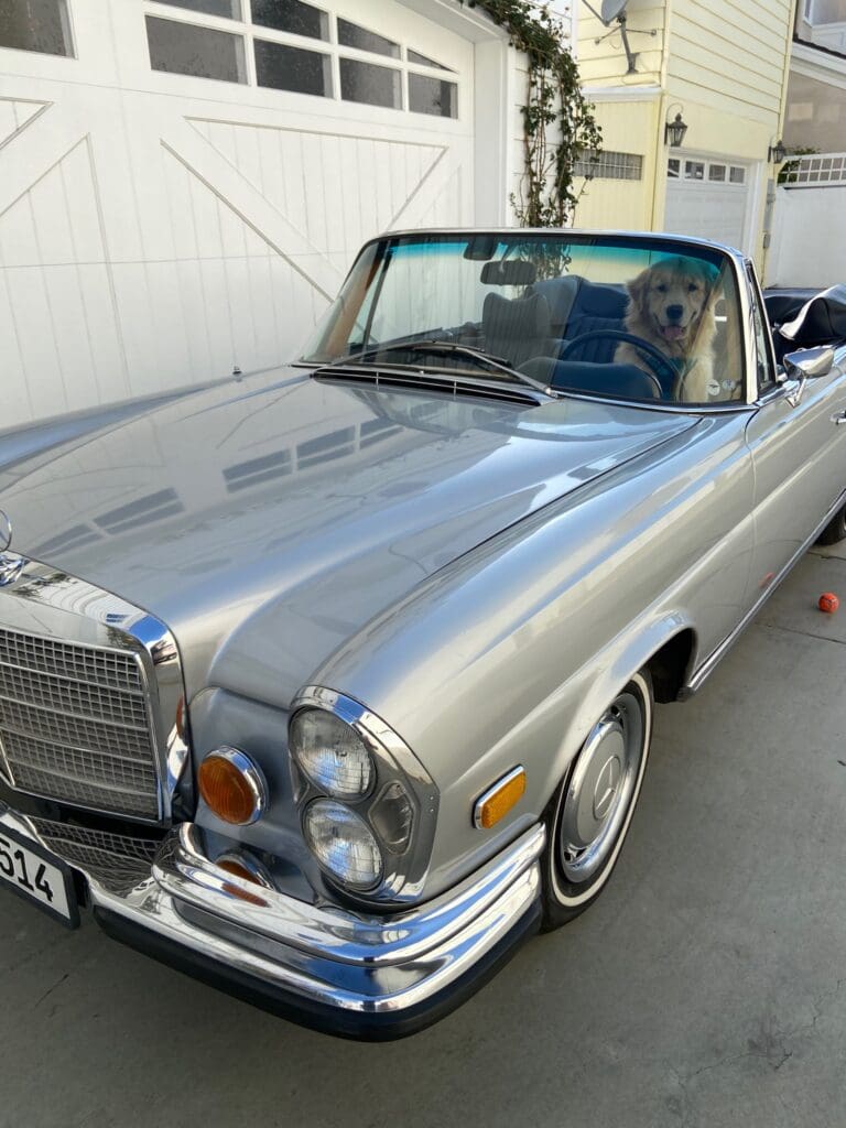 Classic silver Mercedes-Benz convertible parked outdoors.