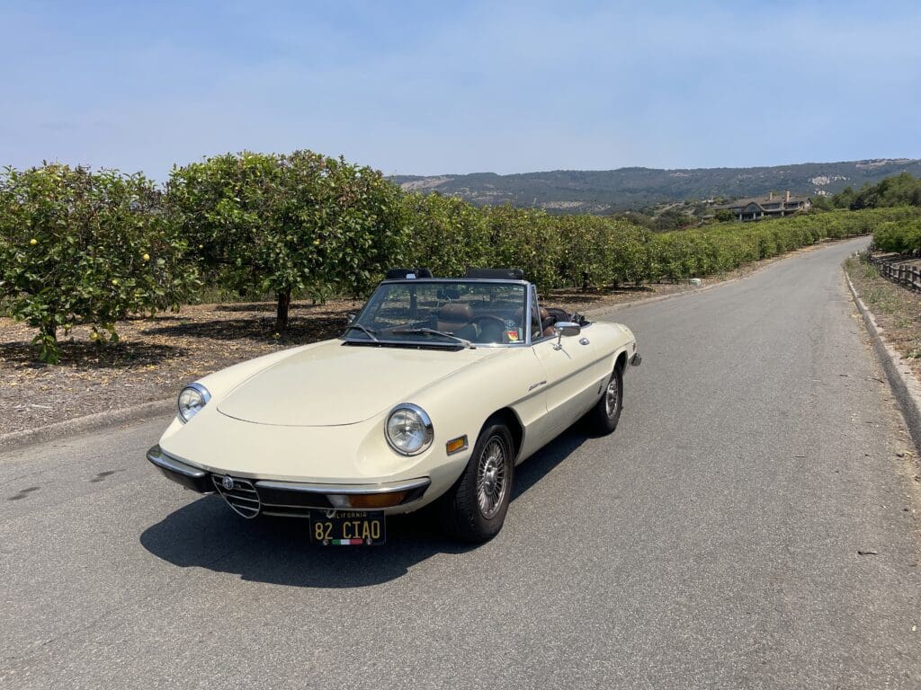 Classic white convertible car parked on a sunny road near green trees.