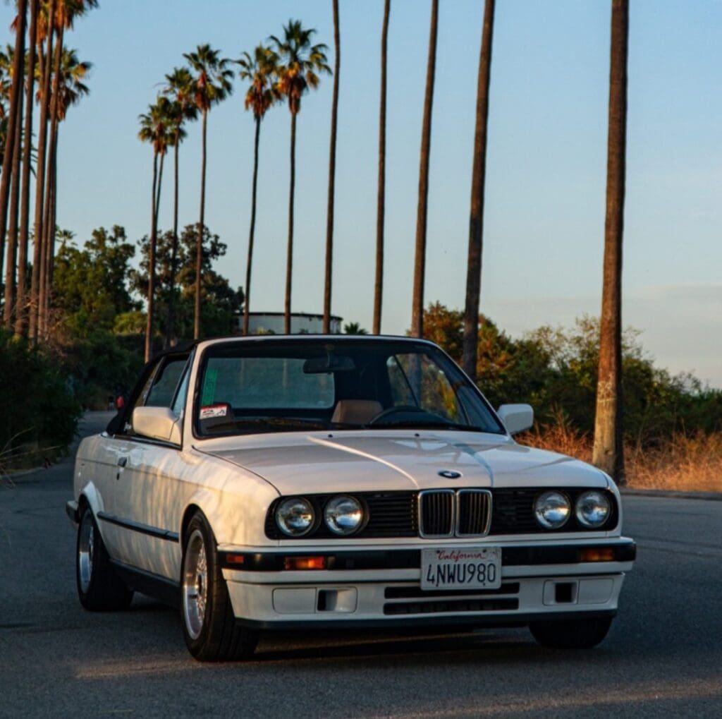White convertible BMW driving on a palm tree-lined road at sunset.