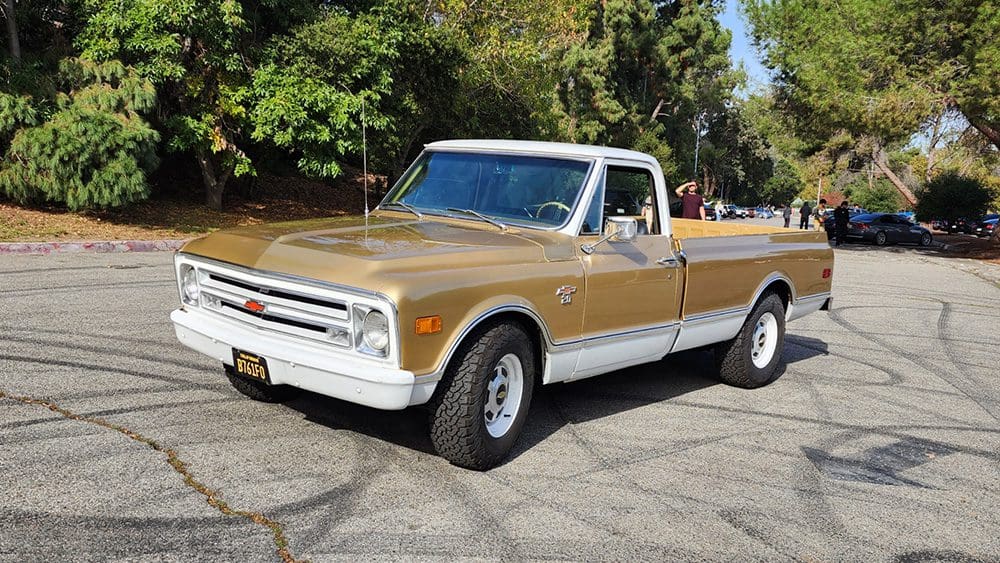 Classic two-tone vintage pickup truck parked by trees.