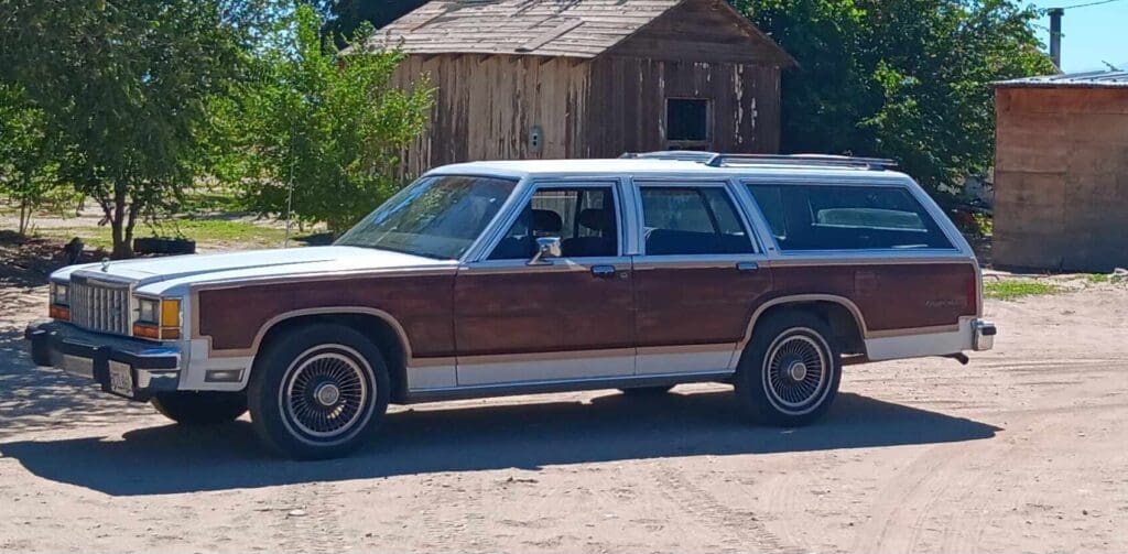 Classic wood-paneled station wagon parked by an old wooden shed.