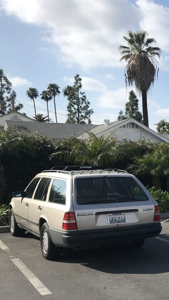 Silver hatchback car parked in a residential driveway under palm trees.