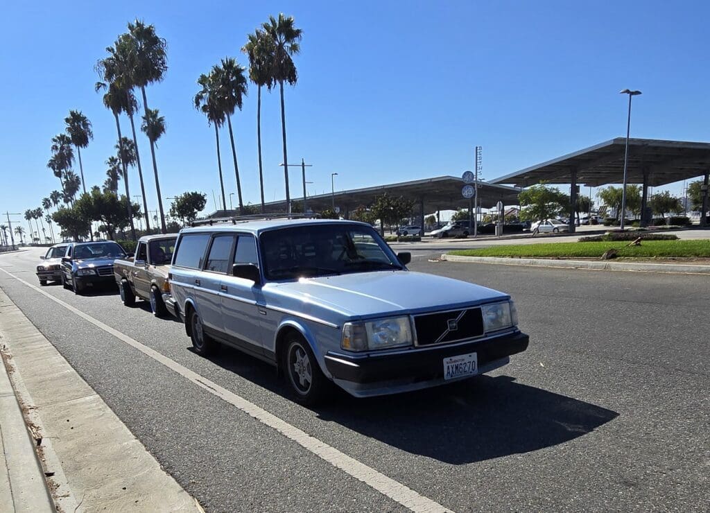 A long, black limousine parked on a sunny street with palm trees.