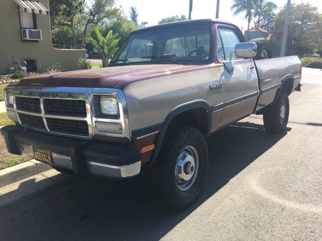 Classic Dodge pickup truck parked outdoors under palm trees.
