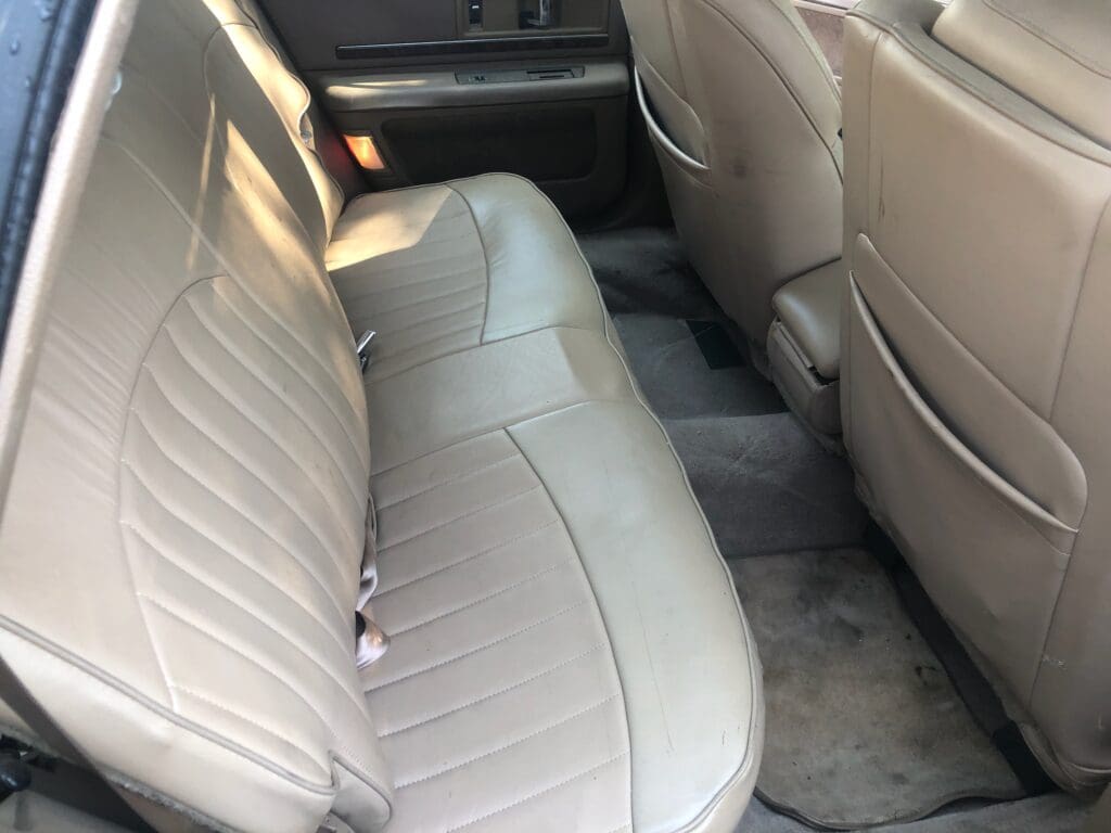 Clean beige leather car back seat with seat belts.