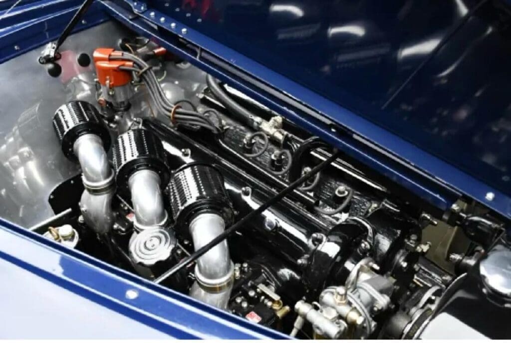 Close-up of a high-performance car engine with metallic components.