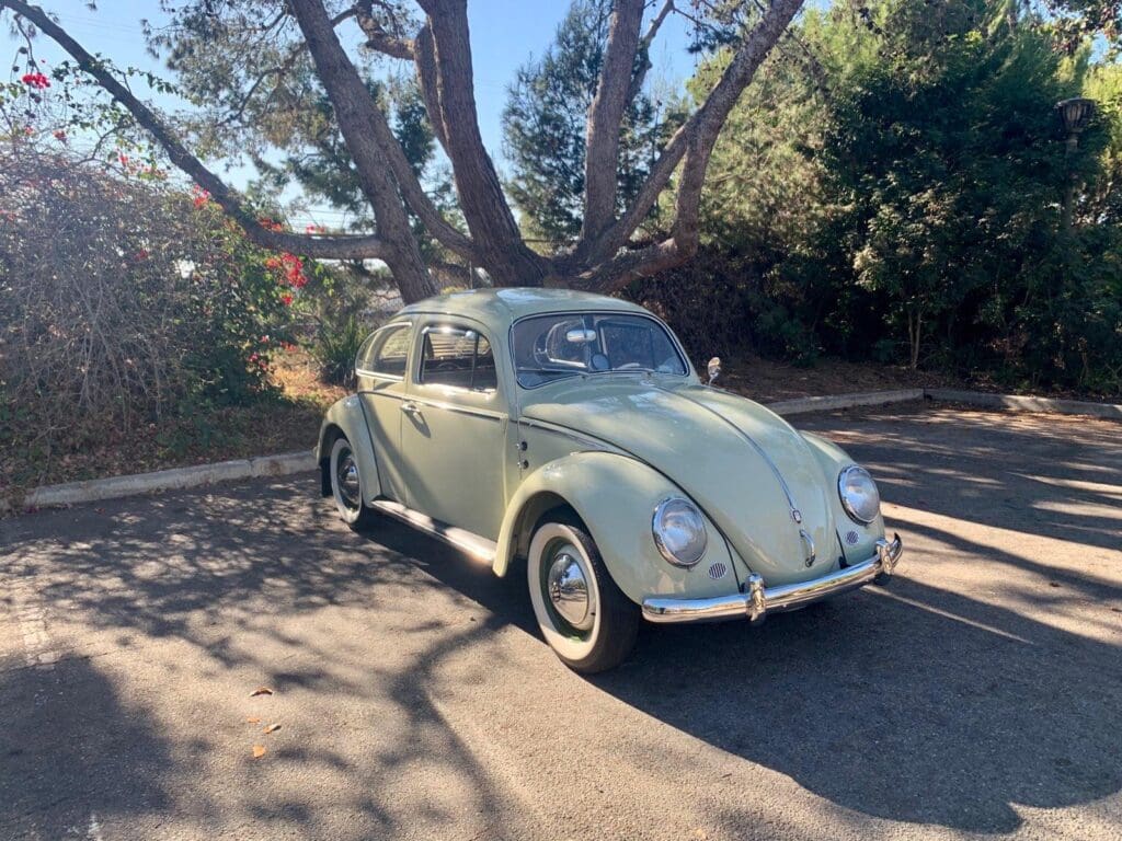 Classic Volkswagen Beetle parked under trees on a sunny day.