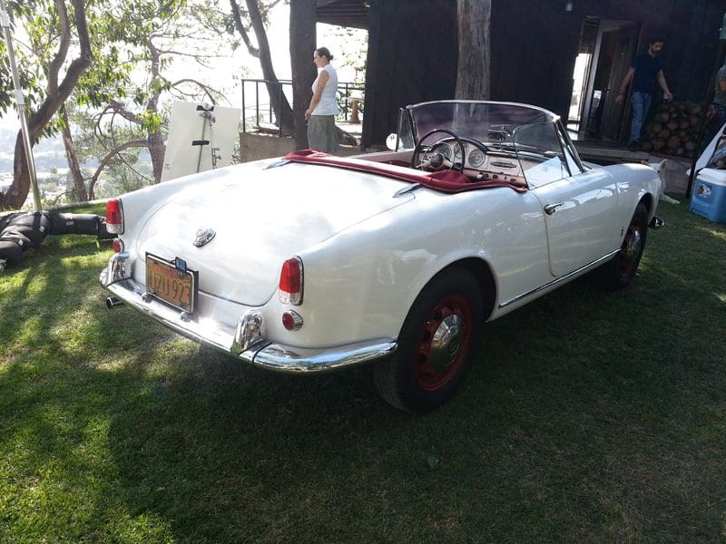 Classic white convertible car parked on grass under trees.