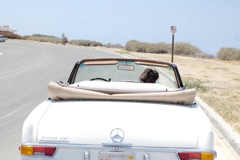 Woman driving a white convertible Mercedes on a sunny road.
