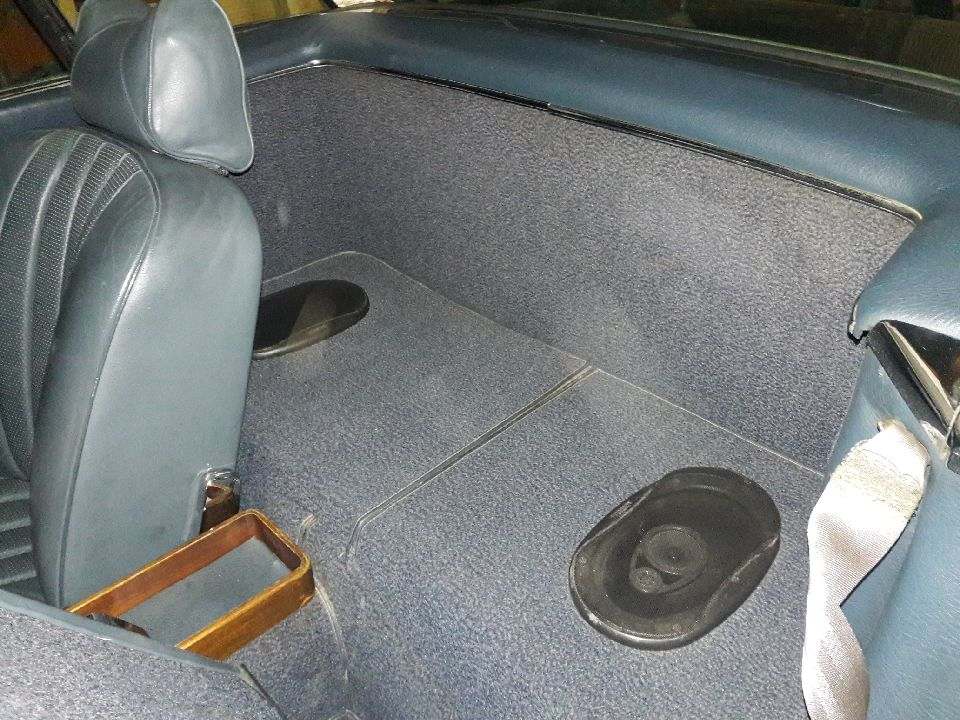Car interior showing the back floor area with speakers and carpet.