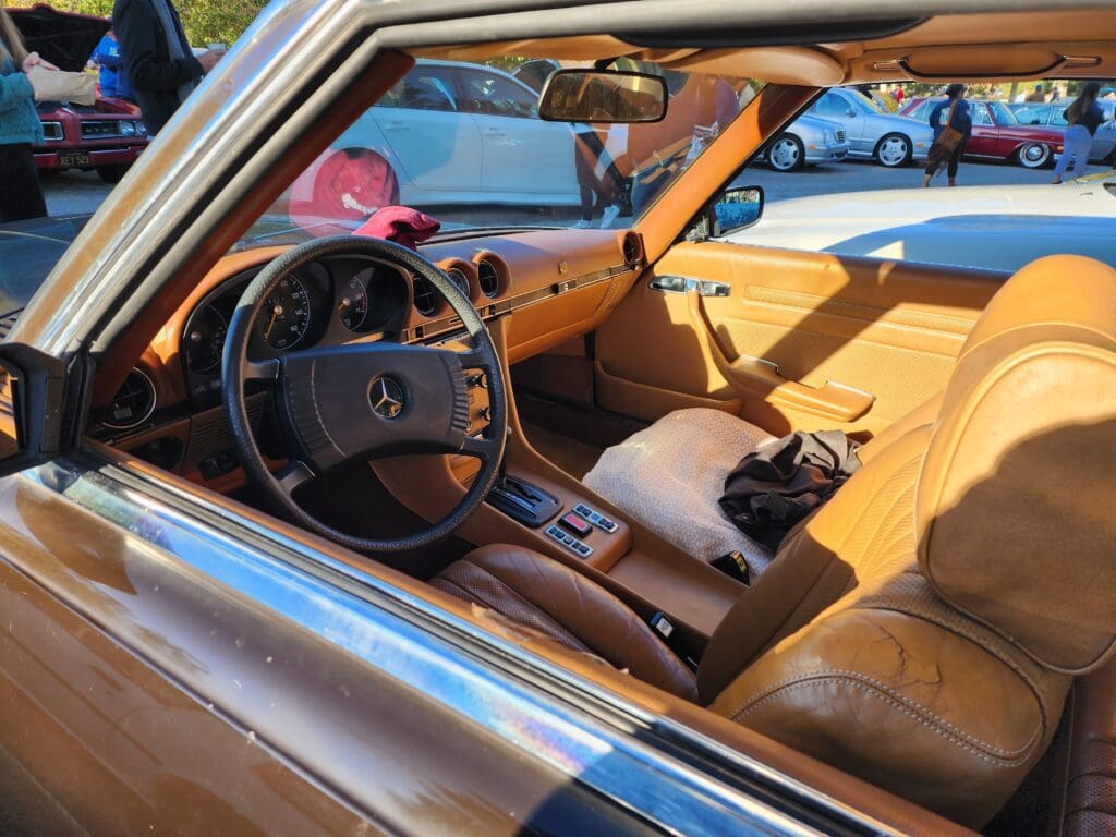 A cat relaxing inside a vintage car with tan leather interior.