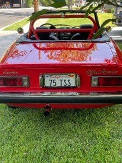 Red convertible sports car with license plate 75 TSS parked on grass.