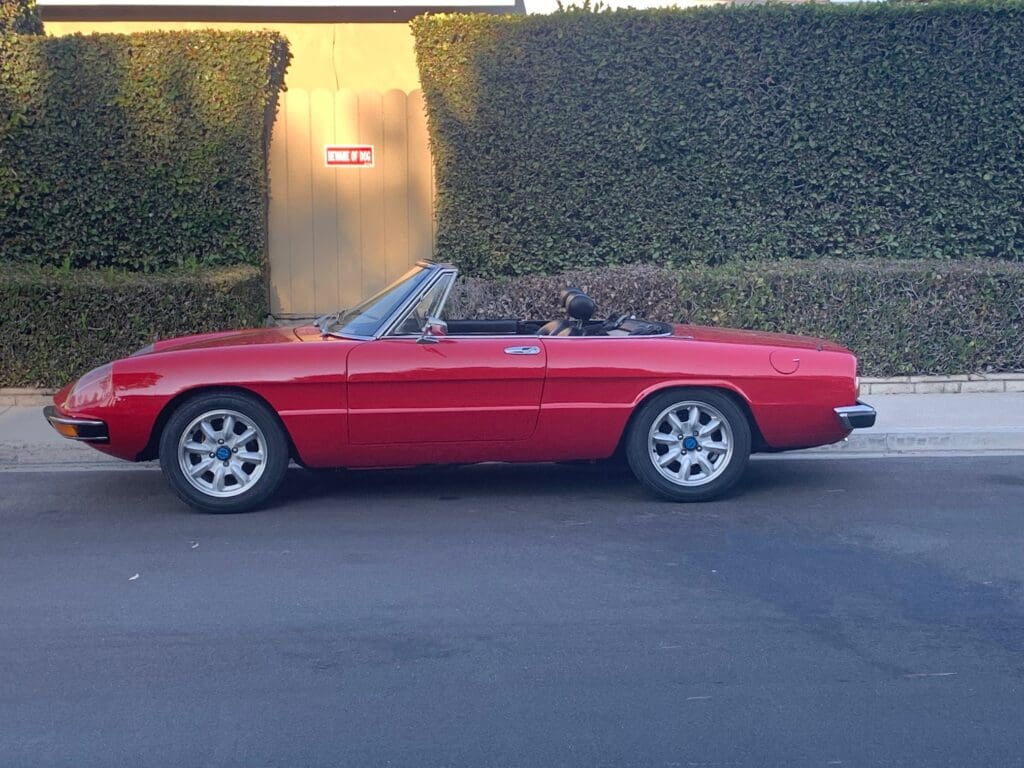 Classic red convertible car parked on the street with a green hedge background.