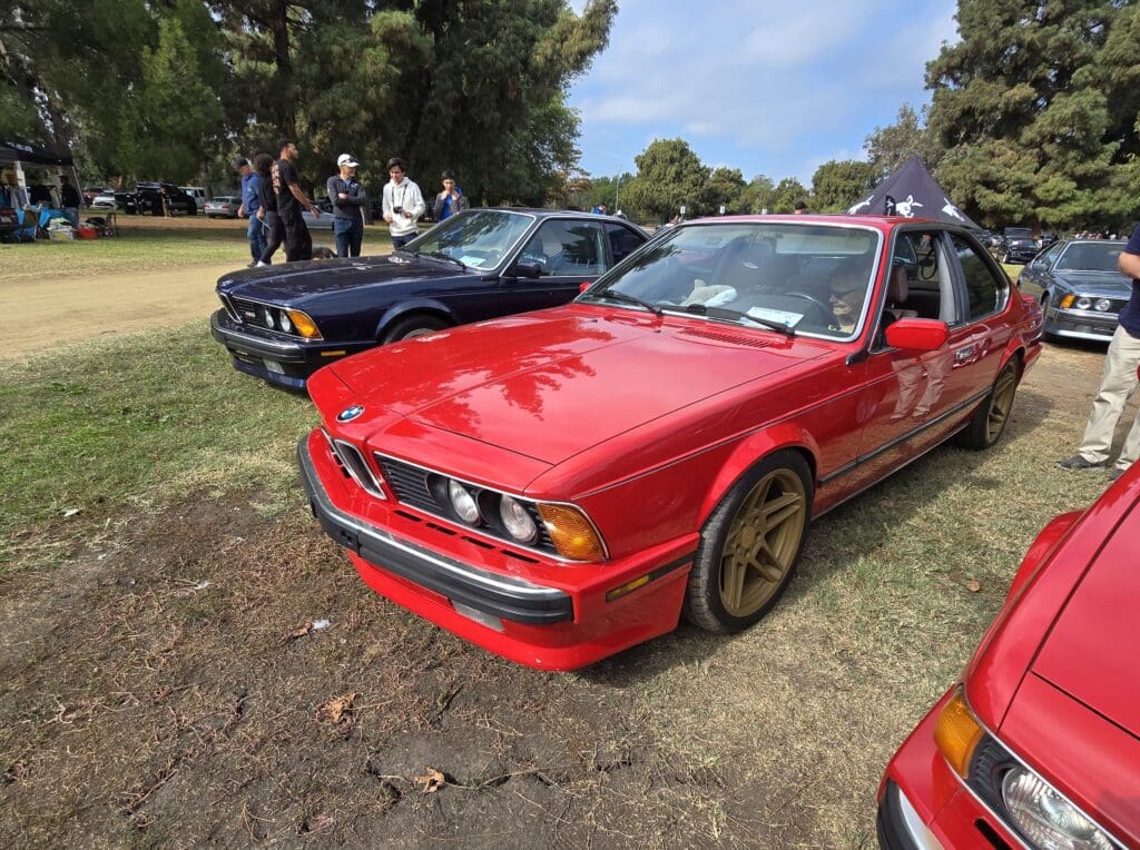 Two classic BMW cars parked outdoors on grass.
