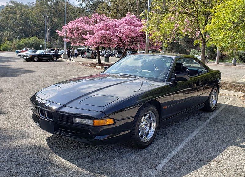 Black BMW 8 Series parked near blooming pink trees.